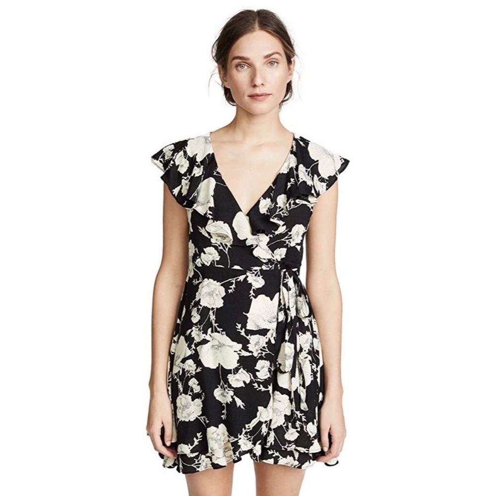 FREE PEOPLE, boho black and white floral mini wrap dress